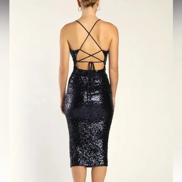 Sparkling Starlet Navy Blue Sequin Lace-Up Midi Dress - Picture 3 of 10